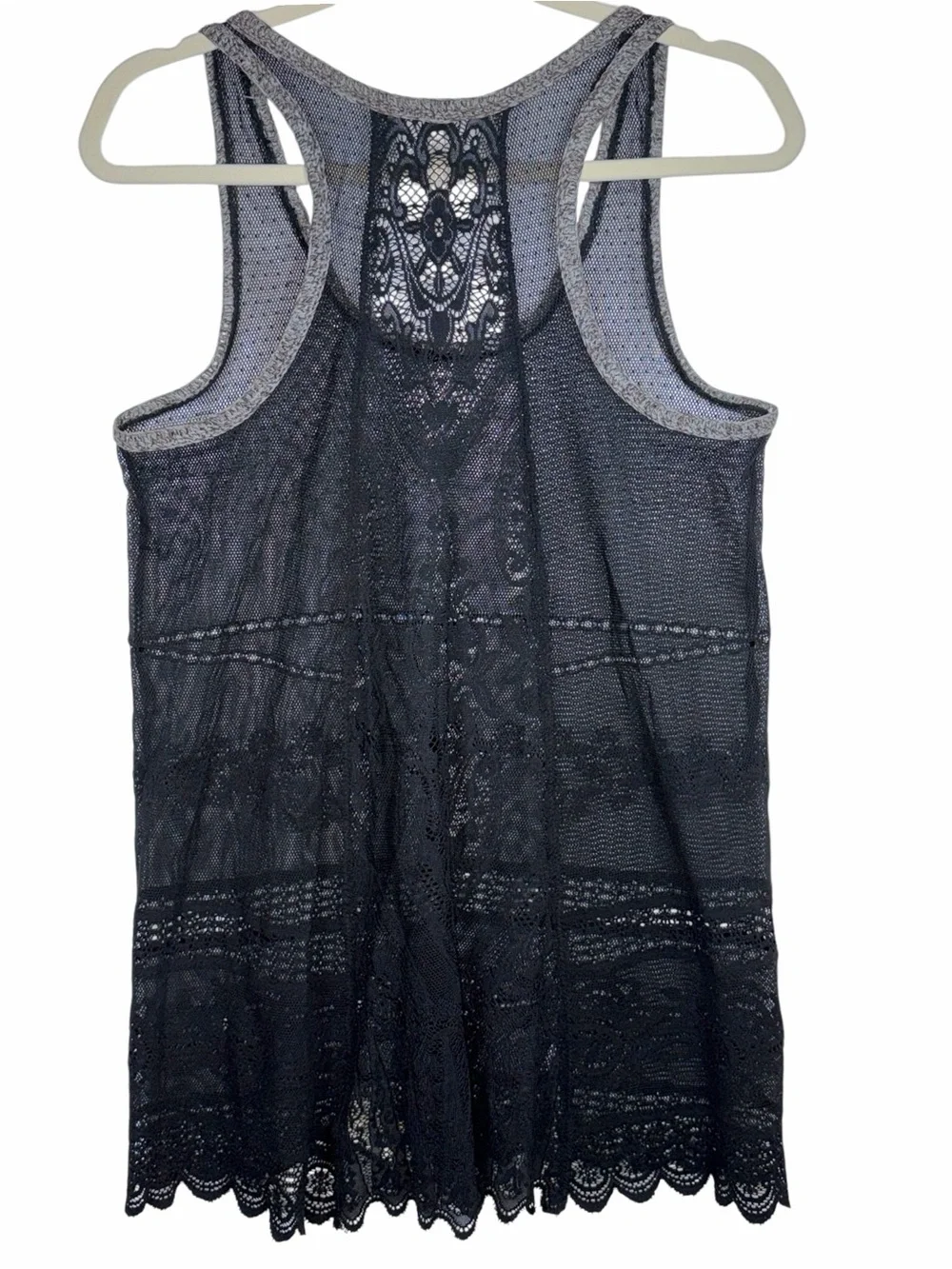 Free People Black Sheer Lace Mesh Longline Racerback Tunic Tank Top Crochet M